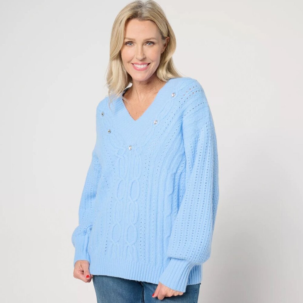 Isaac Mizrahi Live! Apres V-Neck Cable Stitch Sweater with Gemstones Large NWT